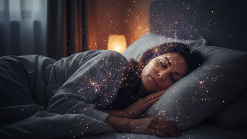 Woman sleeping deeply, with an overlay of brain activity shown over her head