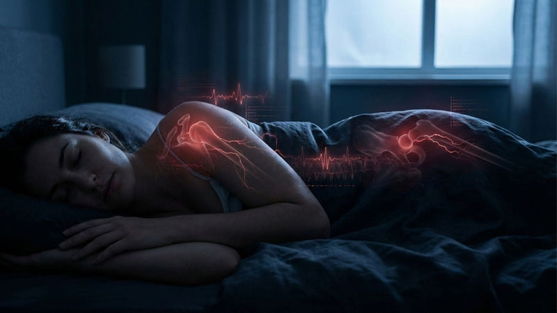 A woman in deep sleep with her pain and pressure points overlaid in red showing how her mattress is actually affecting her body