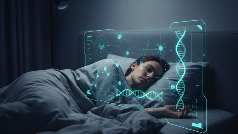 A woman sleeping peacefully in bed while an overlaid graphic shows what the immune system is doing to repair while she sleeps
