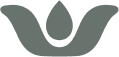 A stylized, symmetrical logo resembles an abstract flower with a central teardrop shape, flanked by two curved petal-like forms. The design is gray against a plain background.
