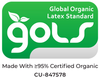 The "Global Organic Latex Standard" logo shows white text on a green background with a leaf design. Below, it reads: "Made With ≥95% Certified Organic CU-847578" on a gray base.