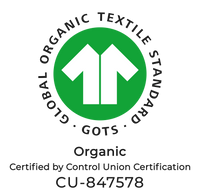 A green circle contains a white shirt icon, surrounded by "GLOBAL ORGANIC TEXTILE STANDARD • GOTS." Below: "Organic Certified by Control Union Certification CU-847578."