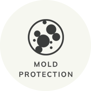 A circular icon features stylized black circles depicting mold, labeled 
